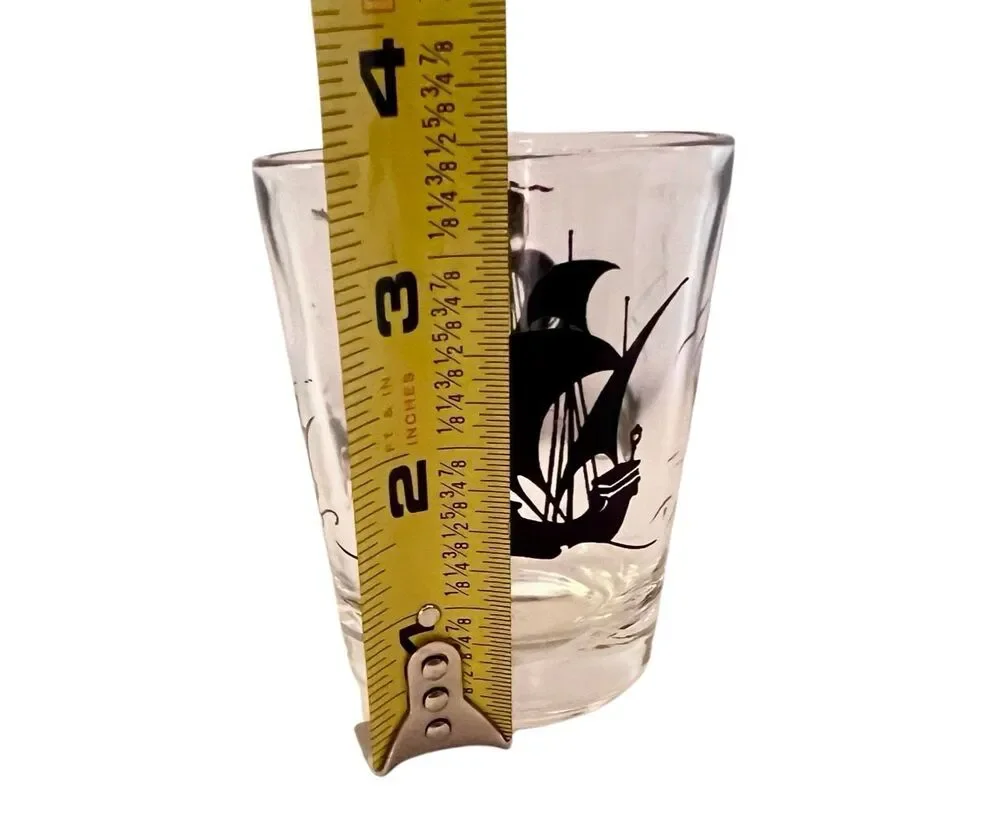 Vintage Clipper Ship Whiskey Glass, Black Pirate Ship Barware, MCM Barware